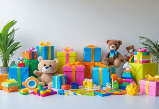 Farverig gave til 5-årig med legetøj og legesager på en lys baggrund